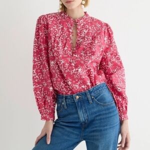 J. Crew Ruffle Neck 1/2 Button 100% Cotton Floral  Blouse Pink White Poplin